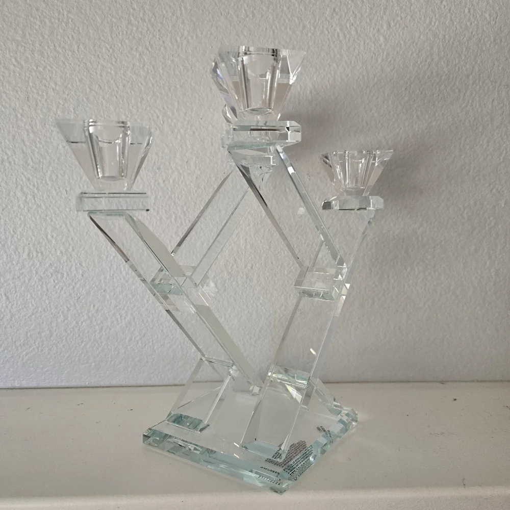 Frontgate Crystal 4-Arm Candelabra | Heavy Faceted Crystal Candle Holder 10.25" - Picture 4 of 12